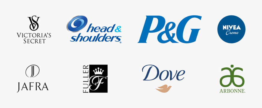 Top beauty and cosmetics brand logo collection: Head & Shoulders, JAFRA, Dove, Victoria's Secret, P&G, Nivea Creme, Arbonne International, Fuller Cosmetics. Editorial vector logo collection.