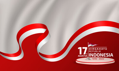 Happy Indonesian Independence Day banner template with red and white flag ribbon decoration, 3d podium, and gray waving background.