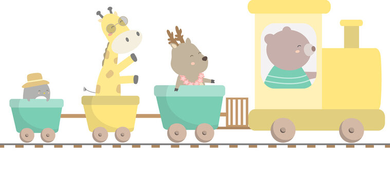 Cartoon bear, deer, giraffe and bird on train illustration