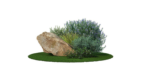 Garden with shrubs and stones on a transparent background.