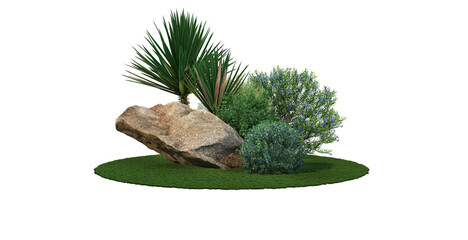 Garden with shrubs and stones on a transparent background.