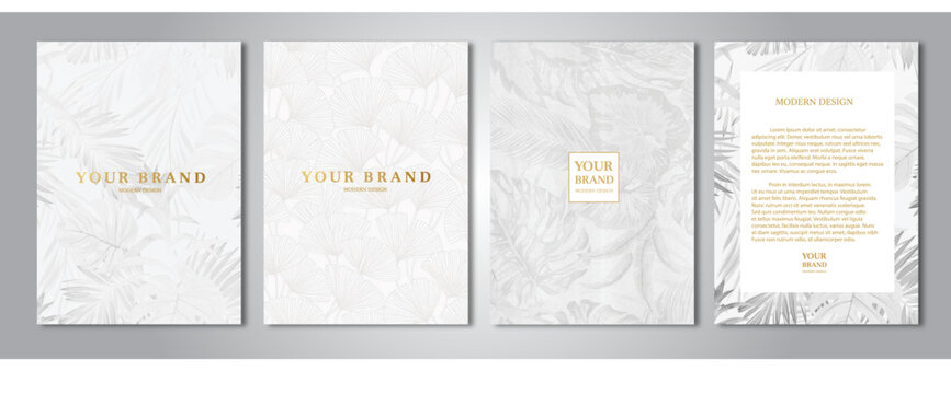 Tropical cover design set. Floral background with line pattern of exotic leaf (palm, banana tree). Elegant vector collection for wedding invite, brochure template, restaurant menu-01