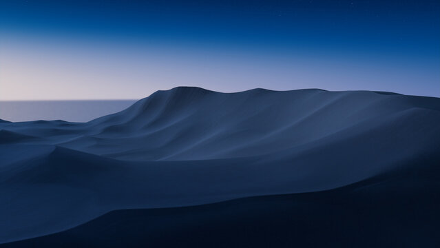 Desert Landscape with Sand Dunes and Blue Gradient Starry Sky. Surreal Contemporary Background.