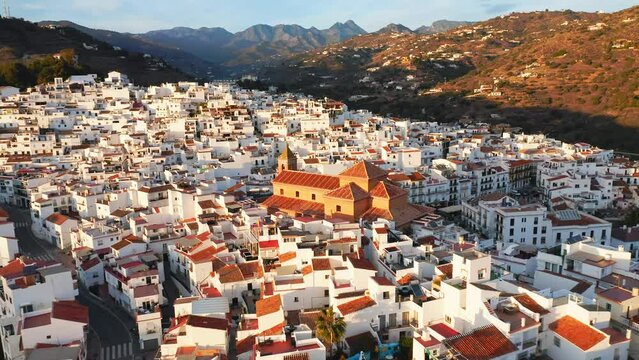 Aerial Drone View of Torrox Town in Mountains in Spain, Costa Del Sol, Andalusia (Andalucia), Europe, Traditional Spanish Town White Houses and Homes Popular in Property Real Estate Housing Market
