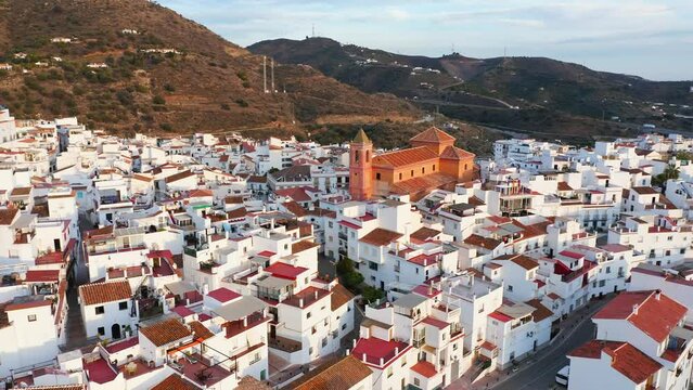 Aerial Drone View of Torrox Town in Mountains in Spain, Costa Del Sol, Andalusia (Andalucia), Europe, Traditional Spanish Town White Houses and Homes Popular in Property Real Estate Housing Market