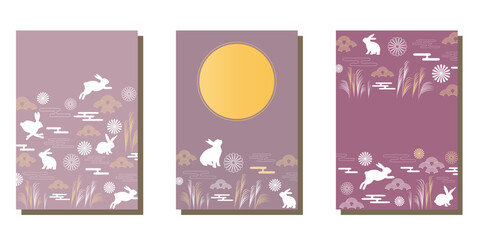 Set of Mid autumn festival template. rabbits, moon, Happy Mid Autumn, Full moon and flower, Traditional Asian holiday poster, banner design collection. Hand drawn vector illustration.