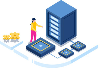 Authorities working in data center room isometric