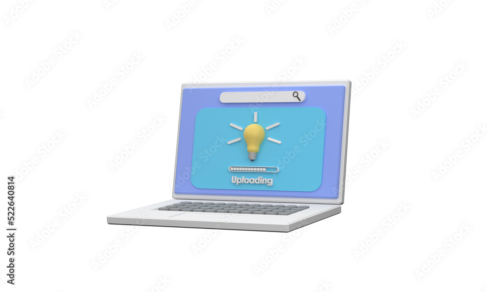 Poster 3d. a laptop uploading creativity different from others with a light bulb as a symbol.