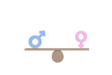 3D. Gender equality concept. Gender symbols balancing on wooden seesaw.