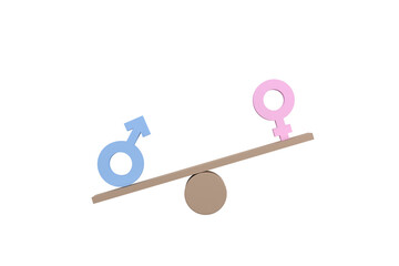 3D. Gender equality concept. Gender symbols unbalancing on wooden seesaw.