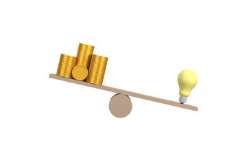 3D. Coin stack compare light bulb idea on wood scale seesaw. Money gold coin compare unbalance with knowledge concept.