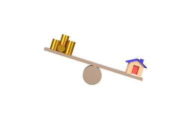 3D. home and money coins stack on wood scale. Property investment and house mortgage financial real estate concept