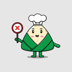 cute cartoon chinese rice dumpling chef holding wrong sign board in vector character illustration