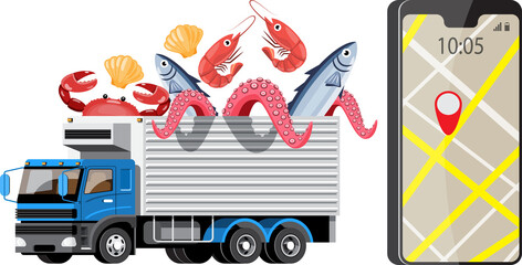 Cartoon seafood transport truck with smartphone