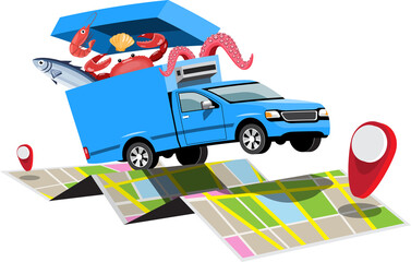 Cartoon seafood transport truck with GPS