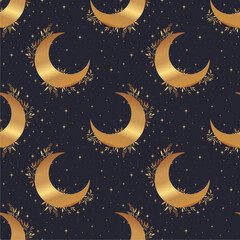 Gold seamless pattern and boho astrology. Mystical and bohemian symbols of the crescent and stars.