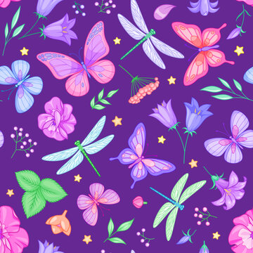 Seamless vector pattern with butterflies, dragonflies and flowers on dark purple background.