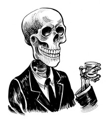 Human skeleton in suit drinking a shot of vodka. Ink black and white drawing