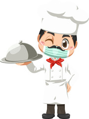 Chef man and kitchenwear in cartoon character