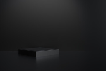 Black product background stand or podium pedestal on advertising display with blank backdrops. 3D rendering.