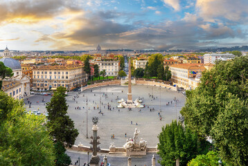 Aerial view of the large urban square, the Piazza del Popolo at sunset. Rome, Italy.