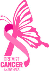 Pink ribbon with butterfly wings. Breast cancer awareness concept. Vector illustration