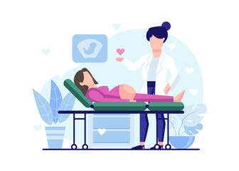 Pregnant Woman, Pregnancy, and Motherhood Flat Illustration Vector Isolated. Happy pregnant woman checking her womb to the doctor and doing ultrasound in hospital with flowers background.