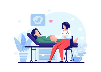 Pregnant Woman, Pregnancy, and Motherhood Flat Illustration Vector Isolated. Happy pregnant woman checking her womb to the doctor and doing ultrasound in hospital with flowers background.