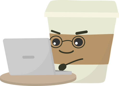 Coffee mug character working on laptop
