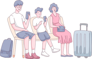 Tourist families sitting in waiting room at airport terminal