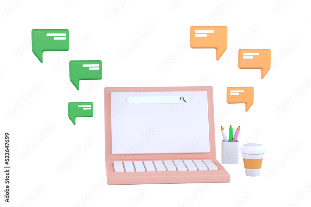 Poster laptop with short messages. chatting with friends and sending messages.