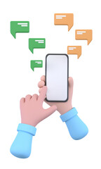 Cute hand holding phone with short messages. Chatting with friends and sending messages.