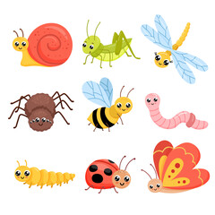 Cartoon insects set. Cute butterfly, grasshopper and dragonfly. Childish vector illustration isolated on white