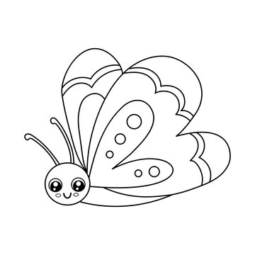 Cute outline butterfly isolated on white background. Funny insect for childish coloring book. Cartoon vector line illustration