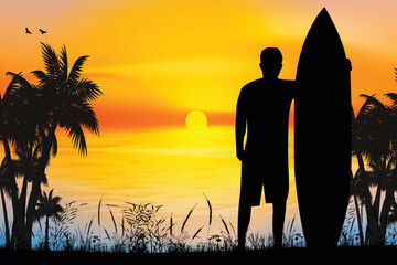 cute man and beach silhouette graphic