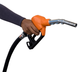 Hand holding gas nozzle with one last drop. A man holding a gasoline nozzle. Hands of men who were holding an automatic nozzle to make refill oil.	