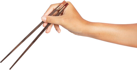 hand holding wooden chopsticks.