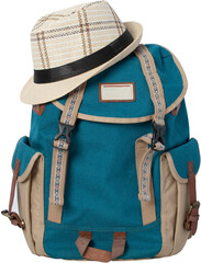 Backpack and straw hat.