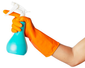 Human hand is wearing a protective rubber glove holding cleaning spray.