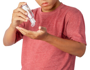 young man using hand sanitizer.