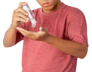 young man using hand sanitizer.