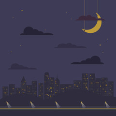 Naklejka premium City panorama with silhouettes of houses and skyscrapers with lights in the windows, blue night sky and clouds, moon and stars, road with lanterns. Flat style vector illustration
