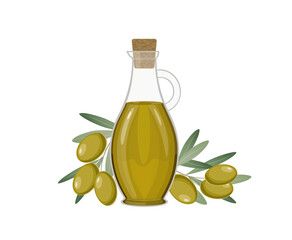 Olive oil in glass jug with cork, branch and leaves, vector illustration on white background
