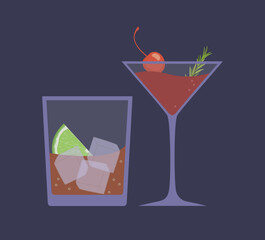 Alcoholic cocktails: manhattan with maraschino and rosemary and rum cola with lime and ice in flat style on purple background, vector illustration