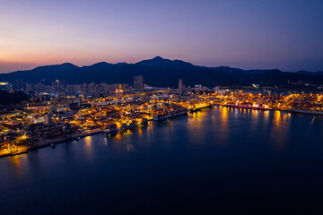 Fototapeta premium Aerial view of container terminal at night