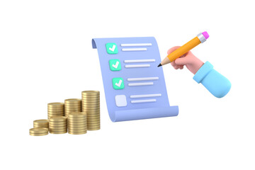check list with businessman hands holding pencil, check mark, pile money dollar coins