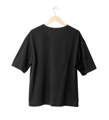Black oversize T shirt mockup hanging, Png file.