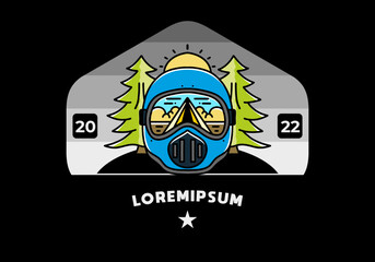 a trail helmet with a pine tree beside