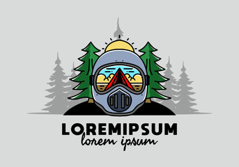 a trail helmet with a pine tree beside