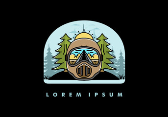 a trail helmet with a pine tree beside